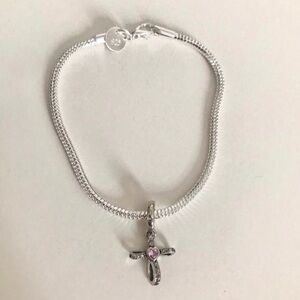 Sterling Silver Cross Charm Bracelet with Pink Heart Accent